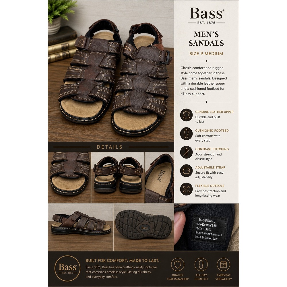 Bass Bidwell Mens Brown Leather Fisherman Sandals 1519-200 Size 9M